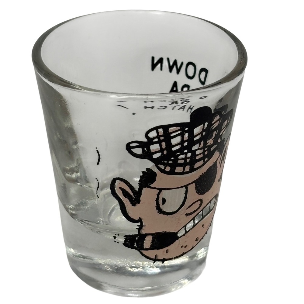 Vintage Down Da Hatch Cartoon Character Mini Shot Glass Clear Novelty Barware